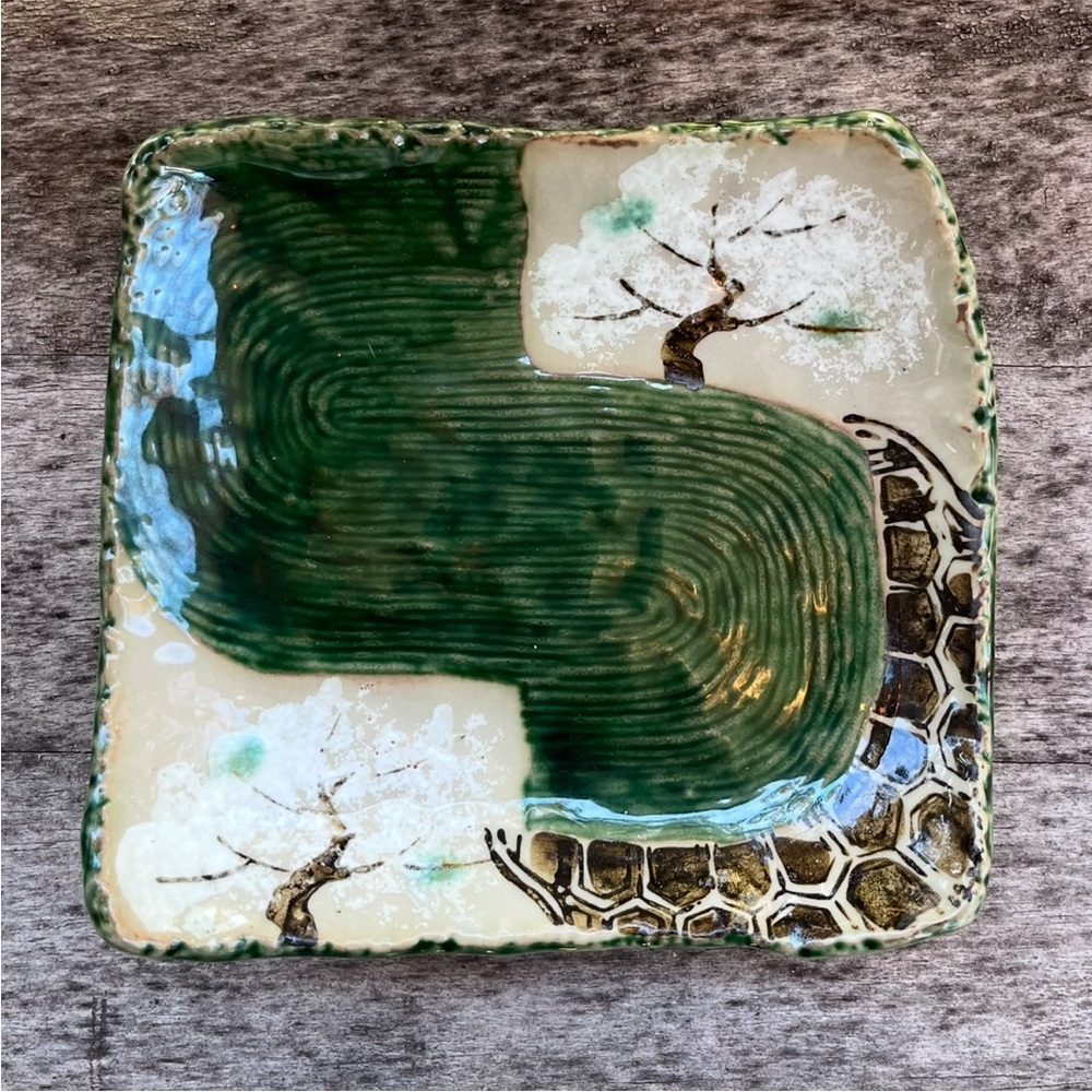 Ryuho Kiln Plate Footed Dish Oribe Sakura Green Handmade Pottery Marked Kapa